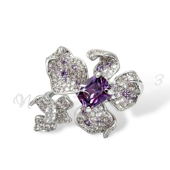 NWT Statement Ring Orchid Flower S925 Sterling Silver CZ Open Adjustable - Picture 2 of 13